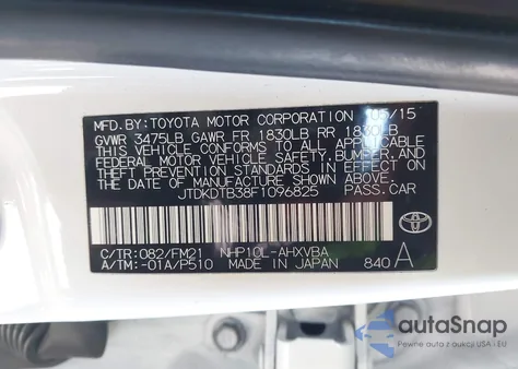 2015 Toyota Prius C Two из США, поврежденный, VIN JTDKDTB38F1096825